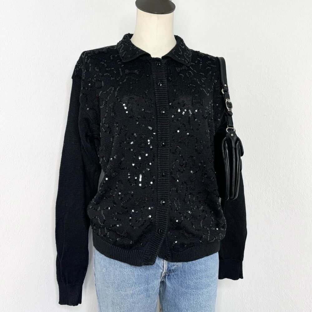 Vintage 90s Black Beaded Sequin Cardigan Sweater Bows Petter Pan Collar Medium